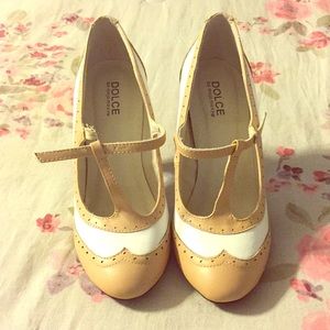 White and tan buckle heels